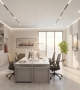 Офисные помещения — современный светлый кабинет с рабочими местами